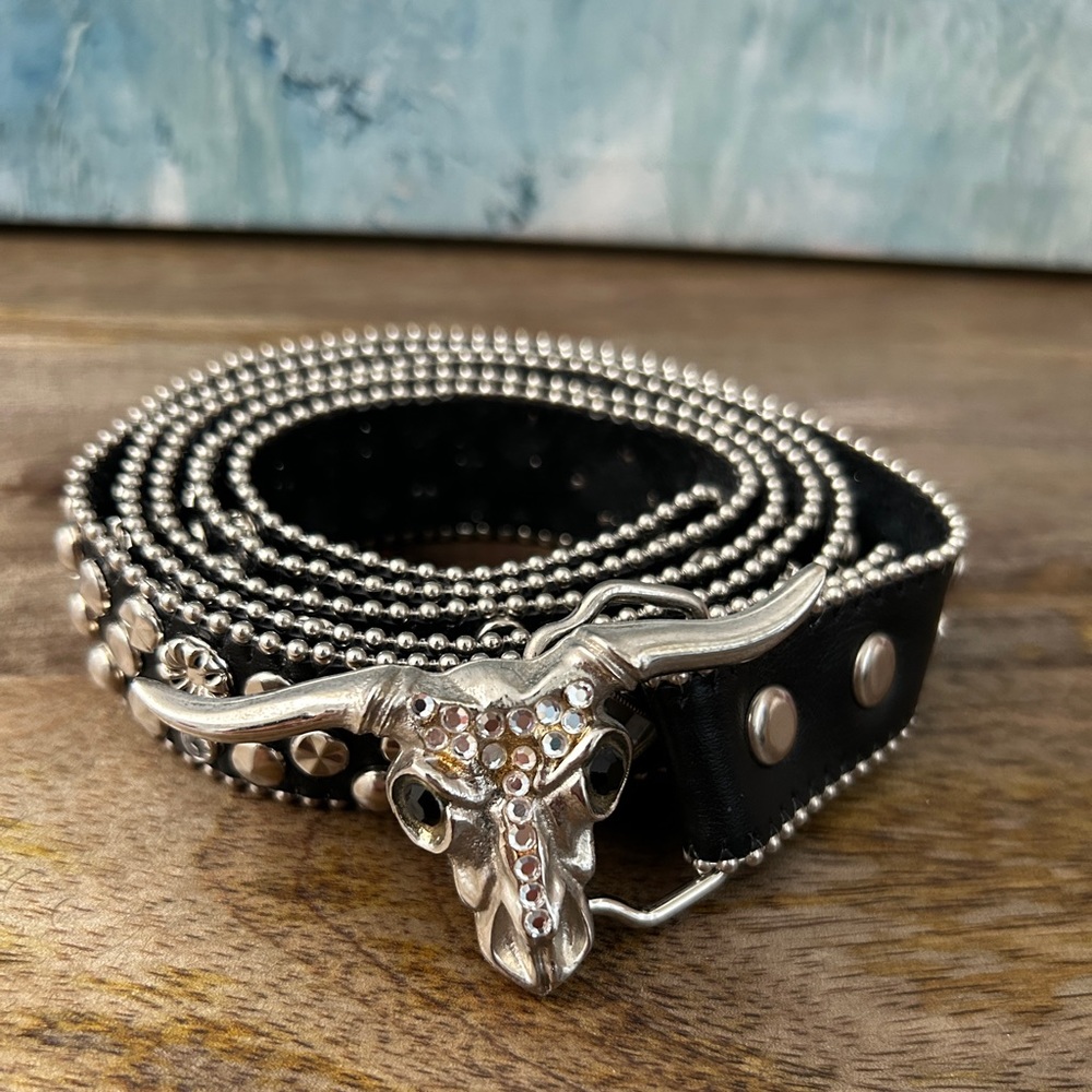 Vintage CHAD GALVIN Stone Studded Western Belt w/Longhorn Steer